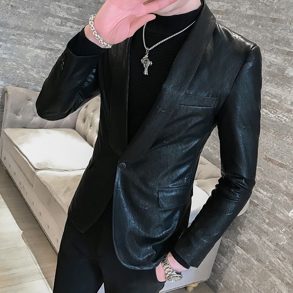 new pu leather mens blazer luxury black single breasted party male blazer autumn winter slim fit faux leather man, White;black
new pu leather mens blazer luxury black single breasted party male blazer autumn winter slim fit faux leather man, White;black