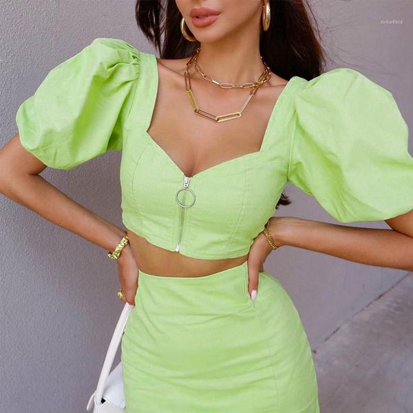clothes french womens two piece sets fashion natural color two piece dress designer puff sleeve crop split dress women, White 
clothes french womens two piece sets fashion natural color two piece dress designer puff sleeve crop split dress women, White