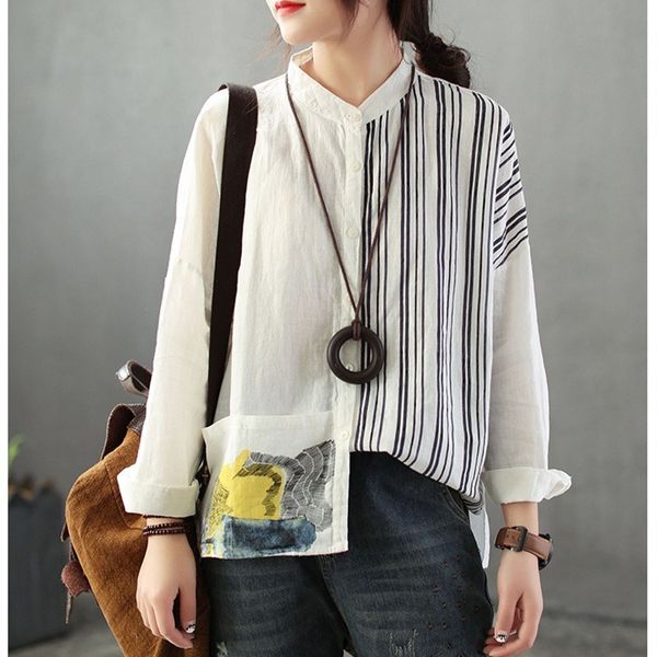 2019 fashion female cotton linen button spring turn down collar long sleeve patchwork shirts, White
2019 fashion female cotton linen button spring turn down collar long sleeve patchwork shirts, White
