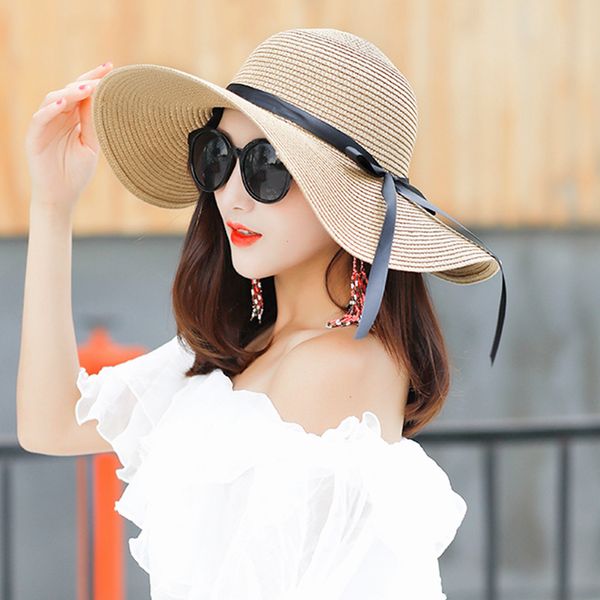 

foldable summer women girls wide brim holiday beach casual bowknot embellish travel outdoor sunproof straw hat braided, Blue;gray