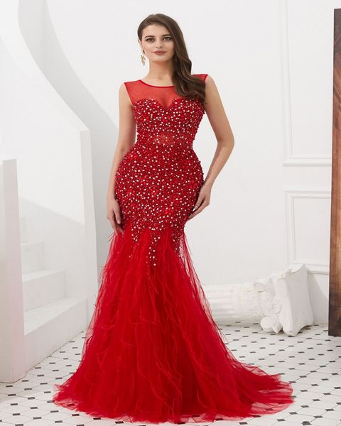 long evening dresses 2020 sleeveless with beaded feather floor length mermaid party dress gowns for woman, Black;red
long evening dresses 2020 sleeveless with beaded feather floor length mermaid party dress gowns for woman, Black;red