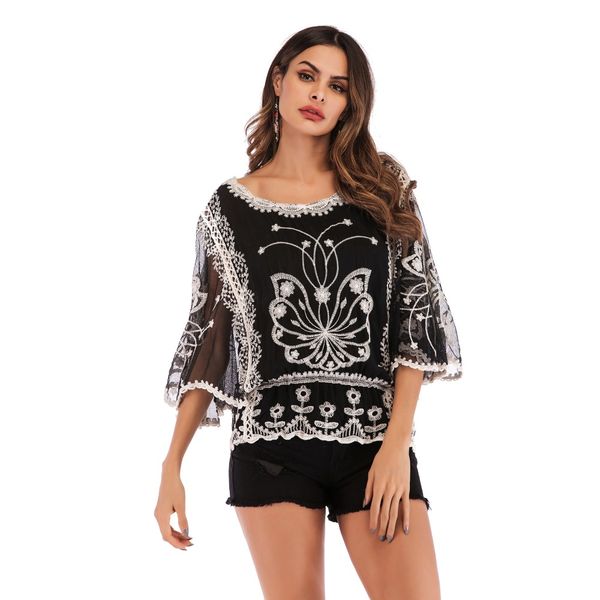 2019 summer new women's embroidery hollow three quarter sleeves lace shirt loose o neck shirt female, White
2019 summer new women's embroidery hollow three quarter sleeves lace shirt loose o neck shirt female, White