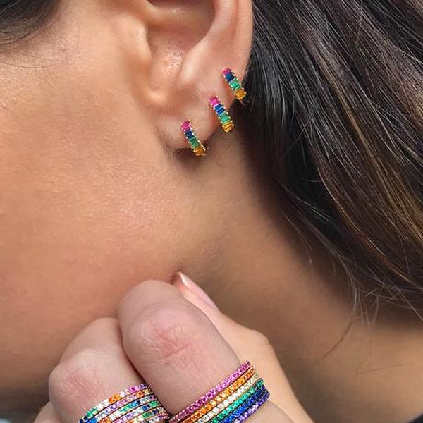 

gold plated rainbow cz hoop earring for women elegance luxury fashion jewelry 20189 new arrived colorful stone cz hoop, Golden;silver