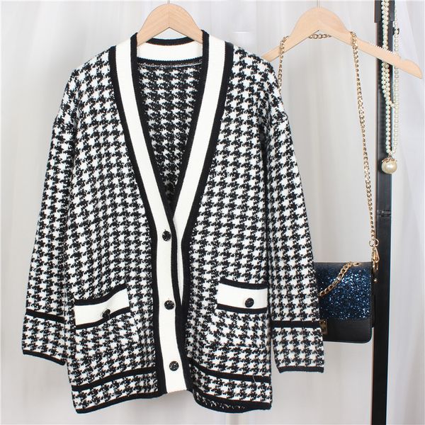 women plaid knitted cardigan casual v neck single breasted loose jacket, White
women plaid knitted cardigan casual v neck single breasted loose jacket, White