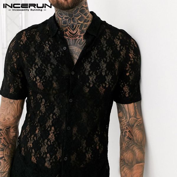 men's casual shirts incerun men lace shirt transparent 2021 plain lapel short sleeve mesh blouse party nightclub chic slim camisa summe, White;black
men's casual shirts incerun men lace shirt transparent 2021 plain lapel short sleeve mesh blouse party nightclub chic slim camisa summe, White;black