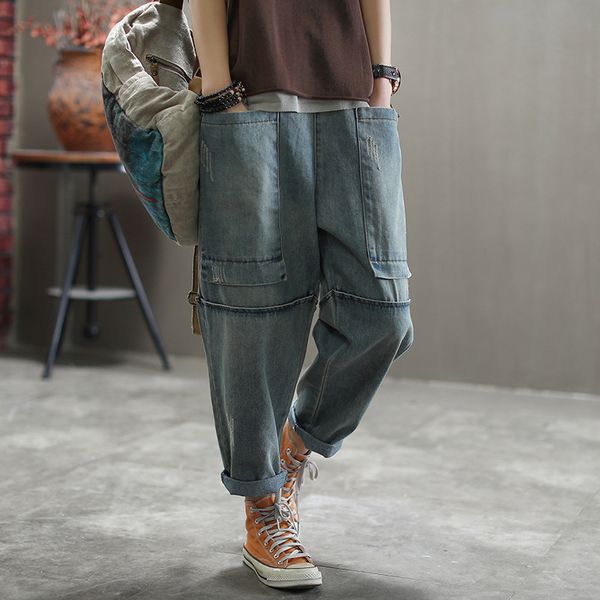 2020 spring autumn jeans women large size loose denim pants new casual elastic waist pocket patchwork retro ladies trousers, Blue
2020 spring autumn jeans women large size loose denim pants new casual elastic waist pocket patchwork retro ladies trousers, Blue