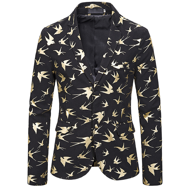men's dress gold bird print party suit jacket notched lapel slim fit two button stylish blazer men wedding stage costumes, White;black
men's dress gold bird print party suit jacket notched lapel slim fit two button stylish blazer men wedding stage costumes, White;black