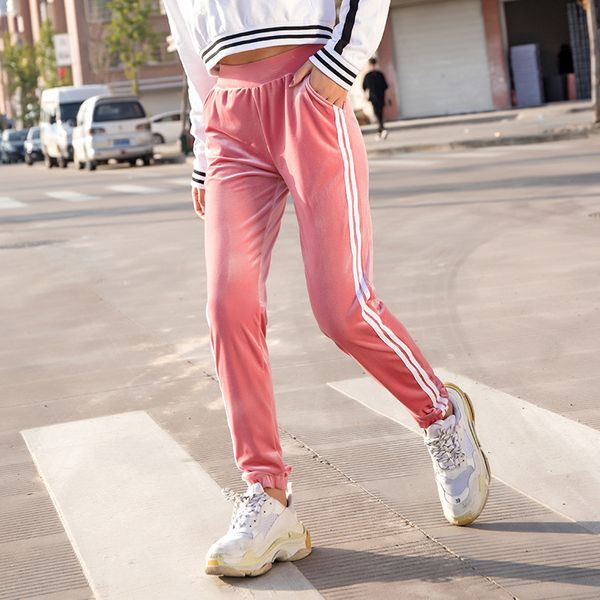 women new slim pants gold velvet casual pants side stripes leggings gym sports running trousers comfortable fitness, Black;white 
women new slim pants gold velvet casual pants side stripes leggings gym sports running trousers comfortable fitness, Black;white