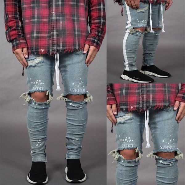 mens holes 19ss jeans spring summer ripped striped trousers men pants skinny zipper designer pants, Blue
mens holes 19ss jeans spring summer ripped striped trousers men pants skinny zipper designer pants, Blue