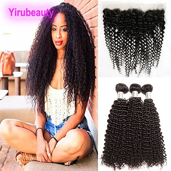 

kinky curly 3 bundles with lace frontal indian vrigin human hair bundles with 13x4 pre plucked hair extensions wefts, Black;brown