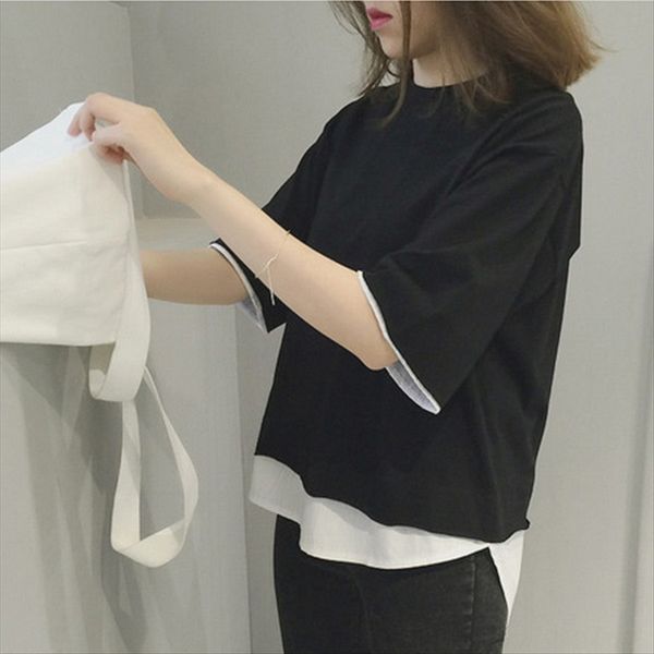 short-sleeved t-shirt female t-shirt summer loose solid color seven-point sleeve fake two-piece student stitching top, White 
short-sleeved t-shirt female t-shirt summer loose solid color seven-point sleeve fake two-piece student stitching top, White