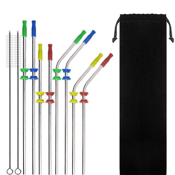 

10pcs stainless steel straw set straight curved straw silicone nozzle muffler two brushes cloth bag wedding party healthy glass