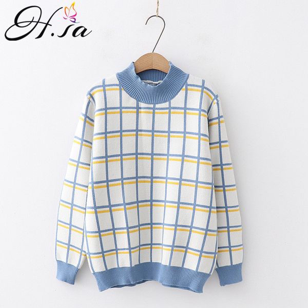 h.sa college style women chic sweater and pullovers 2019 spring knitwear yellow white plaid jumpers turtleneck loose sweater top, White;black
h.sa college style women chic sweater and pullovers 2019 spring knitwear yellow white plaid jumpers turtleneck loose sweater top, White;black