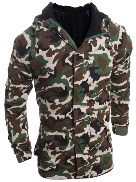 

modish loose fit hooded multi-pocket camo pattern long sleeve thicken cotton blend coat for men, Black