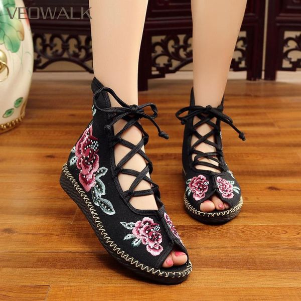 veowalk handmade high women canvas flat gladiator sandals open peep toe summer cotton embroider lace up shoes sandials mujer, Black
veowalk handmade high women canvas flat gladiator sandals open peep toe summer cotton embroider lace up shoes sandials mujer, Black