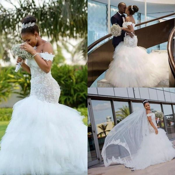 2019 african mermaid wedding dresses off the shoulder lace appliques ruffles plus size bridal gowns beach country vestido de novia, White
2019 african mermaid wedding dresses off the shoulder lace appliques ruffles plus size bridal gowns beach country vestido de novia, White