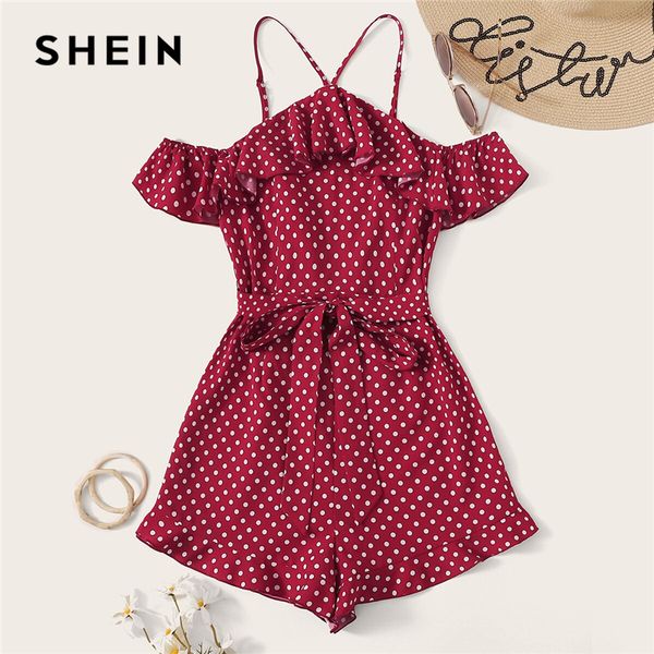 

shein polka-dot print ruffle trim belted romper 2019 boho high waist burgundy spaghetti strap womens summer romper playsuit, Black;white