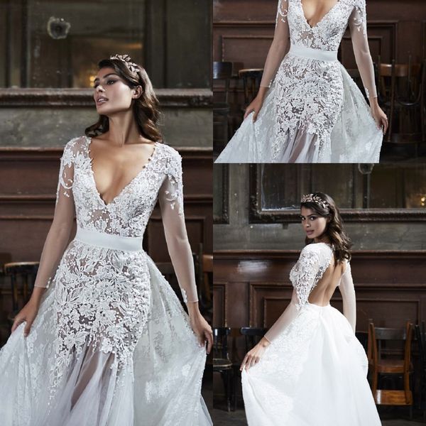 luxury mermaid maisonsignore wedding dresses v neck long sleeve tulle lace applique crystal wedding gown sweep train custom robe de mariée, White
luxury mermaid maisonsignore wedding dresses v neck long sleeve tulle lace applique crystal wedding gown sweep train custom robe de mariée, White