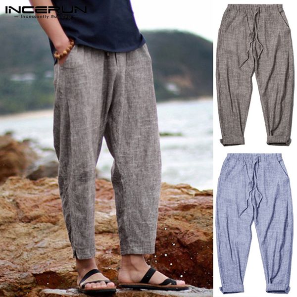 

incerun sweatpant straight men pants fashion trousers baggy loose solid drawstring waist ankle cuff pantalon joggers male pant, Black