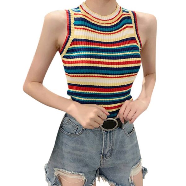 women round neck summer sleeveless rainbow contrast striped print tank female casual knit vest clothing 2019 new, White
women round neck summer sleeveless rainbow contrast striped print tank female casual knit vest clothing 2019 new, White