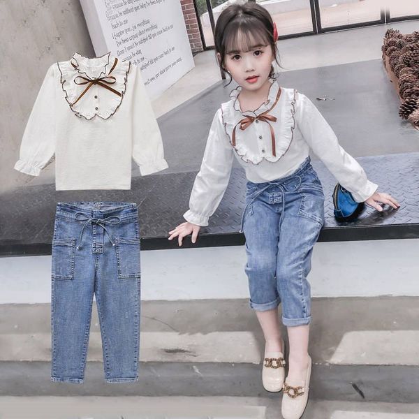 2019 spring kids girls clothes sets children ruffles solid shirt + denim pants teenage cute lovely sweet streetwear outfits w66, White
2019 spring kids girls clothes sets children ruffles solid shirt + denim pants teenage cute lovely sweet streetwear outfits w66, White