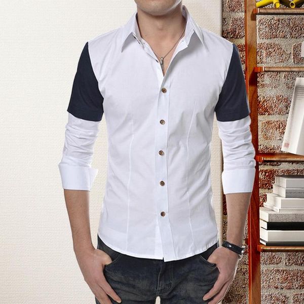 men long-sleeves turn down collar buttons stitching business shirt, White;black
men long-sleeves turn down collar buttons stitching business shirt, White;black