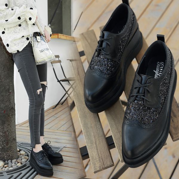 women brogue shoes lace-up creepers muffin glitter pointed toe flats fashion single platform shoes wedges all match derby flats, Black
women brogue shoes lace-up creepers muffin glitter pointed toe flats fashion single platform shoes wedges all match derby flats, Black