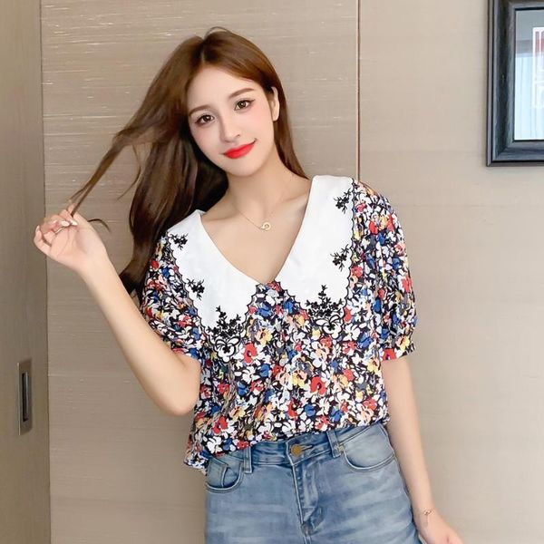 short puff sleeves blouses shirts 2020 summer korean vintage embroidered peter pan collar floral print chiffon shirt top, White
short puff sleeves blouses shirts 2020 summer korean vintage embroidered peter pan collar floral print chiffon shirt top, White