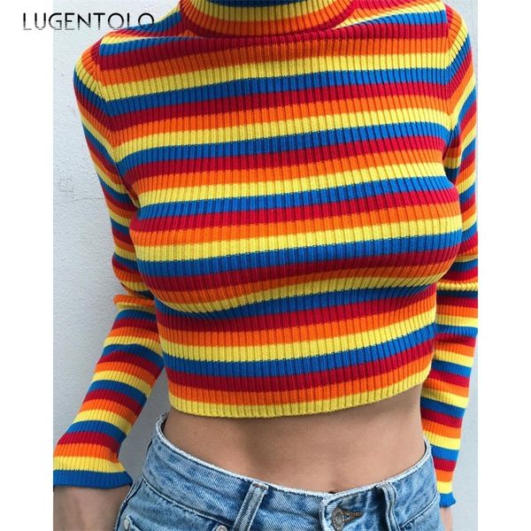 lugentolo shortsweater women knitted colorful stripes slim fit pullovers turtleneck streetwear women clothing, White;black
lugentolo shortsweater women knitted colorful stripes slim fit pullovers turtleneck streetwear women clothing, White;black