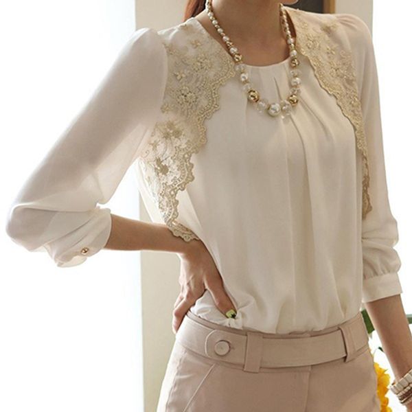 women's fashion korean style summer chiffon lace casual blouse shirt, White
women's fashion korean style summer chiffon lace casual blouse shirt, White