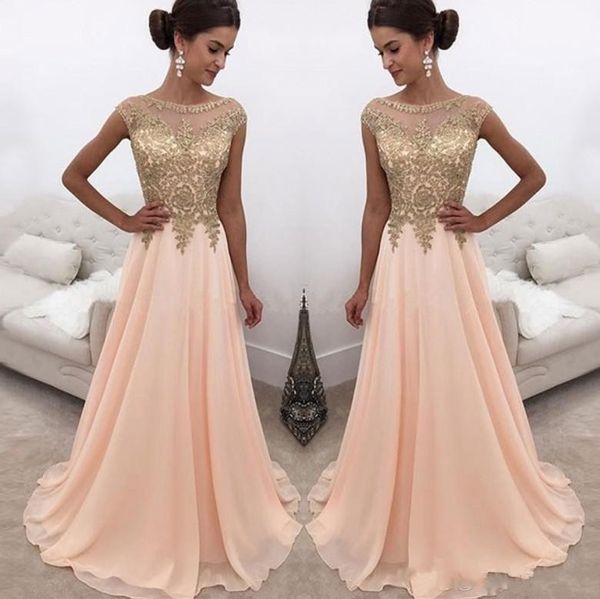 Chiffon Jewe Neck Gold Lace Appliqued Long A Line Prom Dresses Cap Sleeves Formal Party Wear Cheap Formal Evening Dresses Custom Made
Chiffon Jewe Neck Gold Lace Appliqued Long A Line Prom Dresses Cap Sleeves Formal Party Wear Cheap Formal Evening Dresses Custom Made