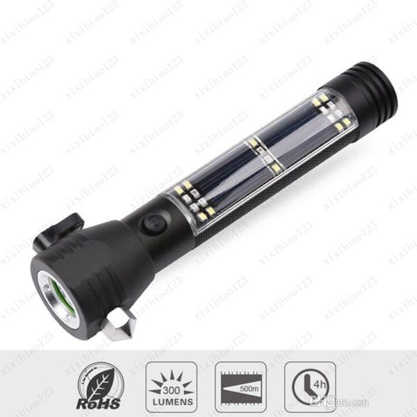 Solar Led Flashlight Usb Rechargeable Portable Torch Light Bright Light With Safety Hammer Compass Magnet Power Bank Functions Ing