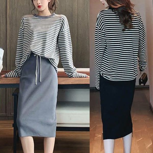 lady fashion sweet stripe print t shirt+ solid skirt 2 piece set women 's knit pullover and woolen irregular mini skirt suit#j30, White
lady fashion sweet stripe print t shirt+ solid skirt 2 piece set women 's knit pullover and woolen irregular mini skirt suit#j30, White
