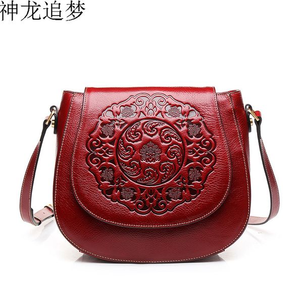 китайский национальный стиль женщины коровья кожаная сумка женская сумка через плечо ретро рельефное седло женщины кожаное плечо