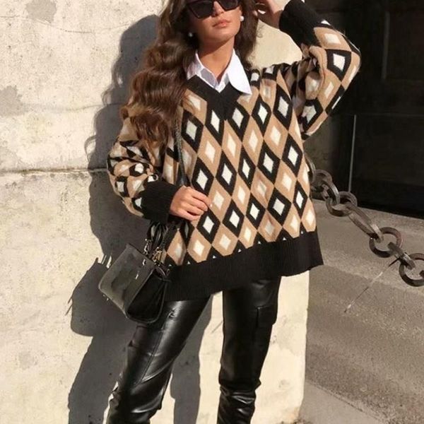 women's sweaters women long sleeve v-neck sweater vintage loose knitted pullovers pullover plaid jumper, White;black
women's sweaters women long sleeve v-neck sweater vintage loose knitted pullovers pullover plaid jumper, White;black