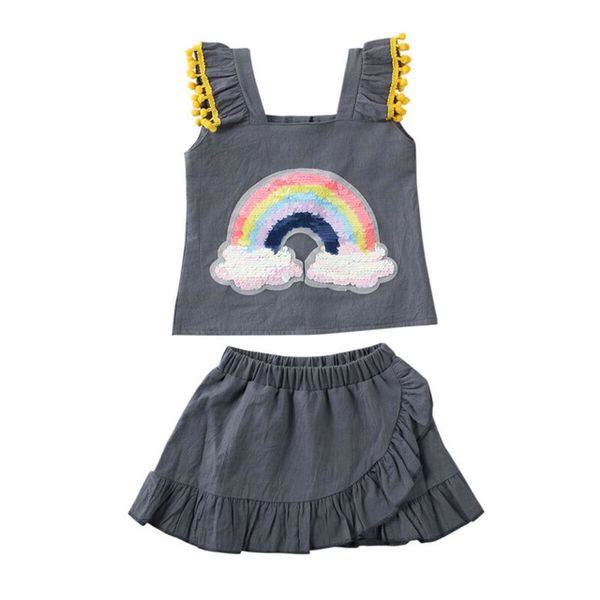 2pcs rainbow set baby summer clothing baby girl sequins vest tassel shirt ruffle skirts sunsuit, White
2pcs rainbow set baby summer clothing baby girl sequins vest tassel shirt ruffle skirts sunsuit, White