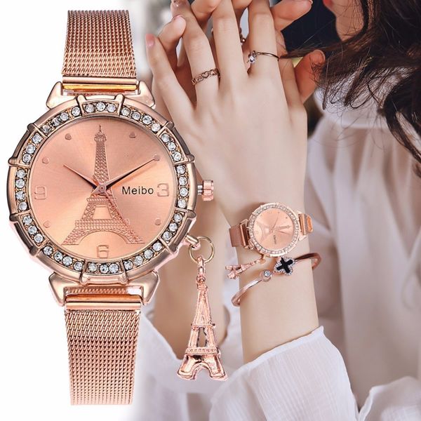 women rose gold eiffel tower pattern watch ladies stainless steel tower pendant quartz watch clock, Slivery;brown
women rose gold eiffel tower pattern watch ladies stainless steel tower pendant quartz watch clock, Slivery;brown