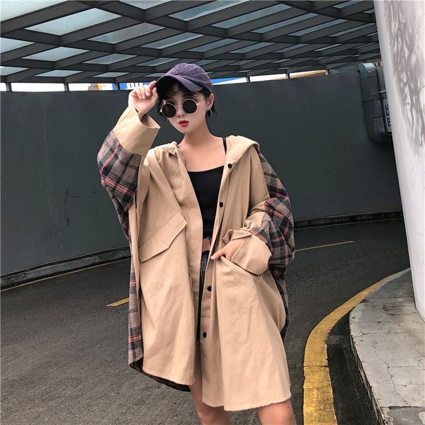 

autumn casual women hooded plaid long trench coat korean fashion batwing sleeve pockets trench loose oversized boyfriend coats, Tan;black