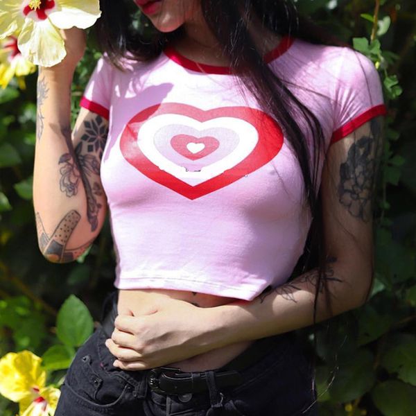 women slim waist pink heart print t shirt o neck cropped short sleeve t shirt tee shirt femme crop top, White
women slim waist pink heart print t shirt o neck cropped short sleeve t shirt tee shirt femme crop top, White