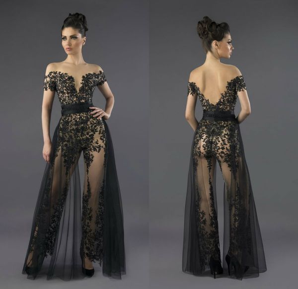 2019 black jumpsuits with detachable overskirts off the shoulder floor lenbth lace appliqued evening gowns sash pearls prom dress party wear, Black;red
2019 black jumpsuits with detachable overskirts off the shoulder floor lenbth lace appliqued evening gowns sash pearls prom dress party wear, Black;red