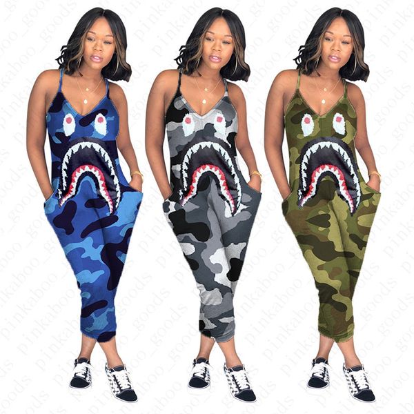 s-3xl women designer camo color suspenders jumpsuit shark mouth print one-piece pants fashion v-neck romper slim cropped pants d52705, Black;white
s-3xl women designer camo color suspenders jumpsuit shark mouth print one-piece pants fashion v-neck romper slim cropped pants d52705, Black;white