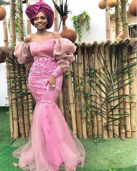 arabia evening dress off the shoulder mermaid dubai aso ebi prom gown zipper back with 3d flower lace tulle formal evening dresses, Black;red