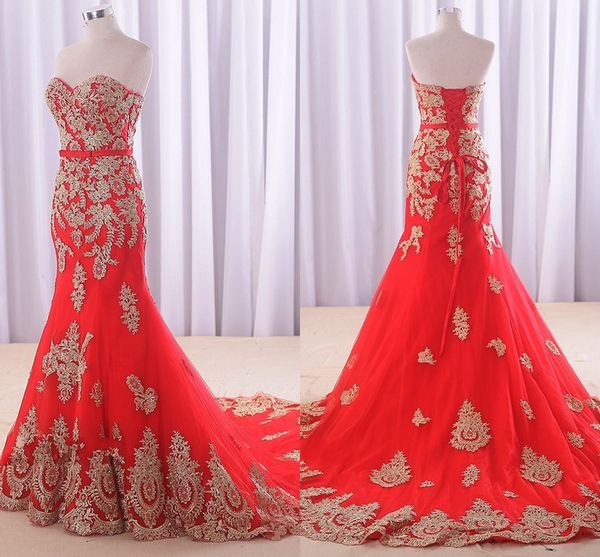 gold lace applique red wedding dresses mermaid style 2020 strapless lace-up court train bridal beach wedding dress vestidos de novia, White
gold lace applique red wedding dresses mermaid style 2020 strapless lace-up court train bridal beach wedding dress vestidos de novia, White