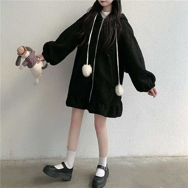 women's sweater autumn and winter 2020 new sweet ear hooded cute lamb loose medium long student coat trend, Black
women's sweater autumn and winter 2020 new sweet ear hooded cute lamb loose medium long student coat trend, Black