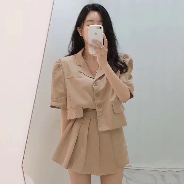 two piece set and skirt summer women short sleeve single breasted backless blouse and high waist mini pleated skirt, White
two piece set and skirt summer women short sleeve single breasted backless blouse and high waist mini pleated skirt, White