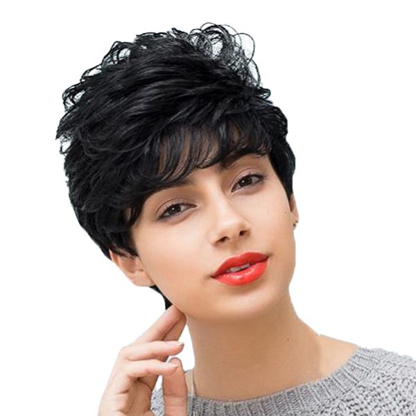 women short curly straight wig pixie cute cut real human hair wig with neat bangs natural looking balck, Black
women short curly straight wig pixie cute cut real human hair wig with neat bangs natural looking balck, Black