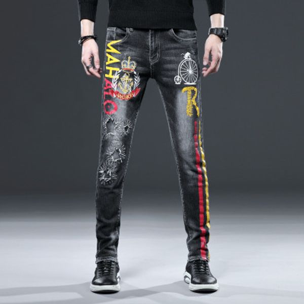 new style small leg straight tube jeans fashion brand personalized print embroidery flower hole jeans men's slim elastic leggings, Blue
new style small leg straight tube jeans fashion brand personalized print embroidery flower hole jeans men's slim elastic leggings, Blue