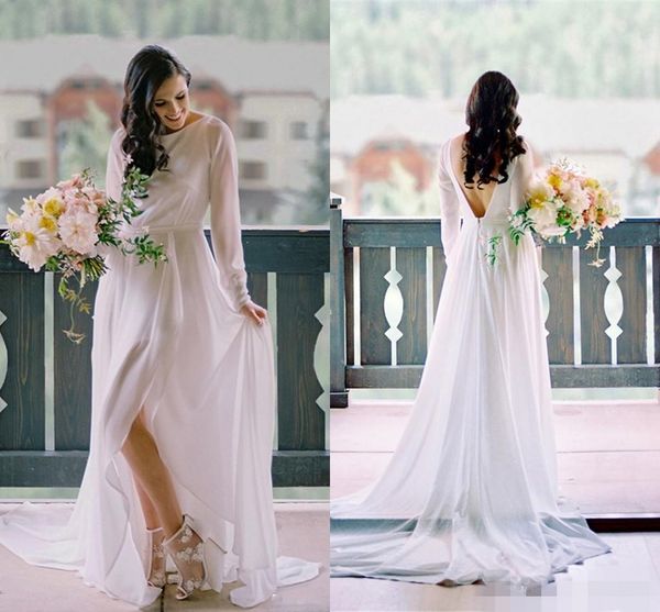 2020 beach wedding dresses chiffon a line slit sweep train backless scoop neck long sleeves wedding bridal gown vestido de novia, White
2020 beach wedding dresses chiffon a line slit sweep train backless scoop neck long sleeves wedding bridal gown vestido de novia, White