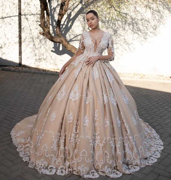 champagne lace ball gown wedding dresses beaded sheer deep v neck appliqued long sleeves bridal gowns tulle court train robes de mariée, White
champagne lace ball gown wedding dresses beaded sheer deep v neck appliqued long sleeves bridal gowns tulle court train robes de mariée, White