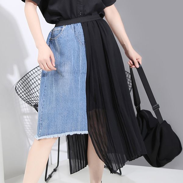 pleated skirt 2020 new summer european and american denim skirt trend women's stitching, Black
pleated skirt 2020 new summer european and american denim skirt trend women's stitching, Black